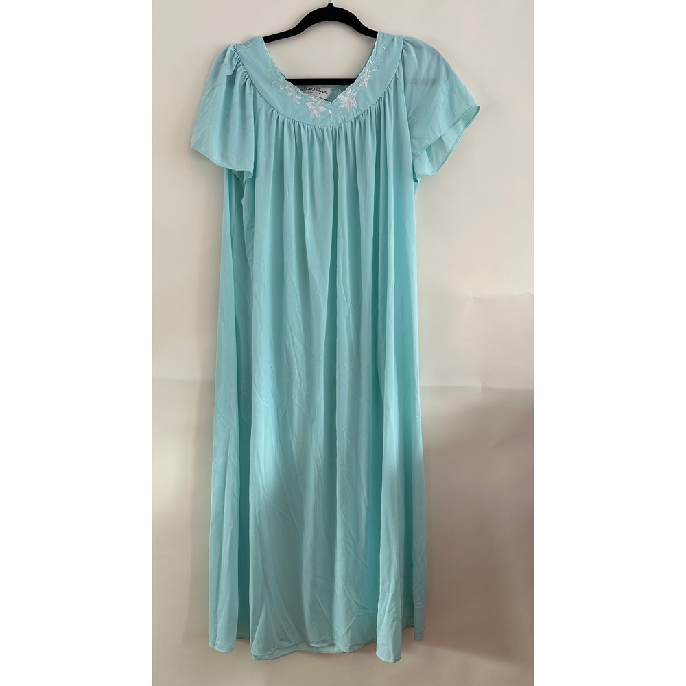 Miss Elaine Classics Light Blue Floral Embroidered Nylon Nightgown 50809BT